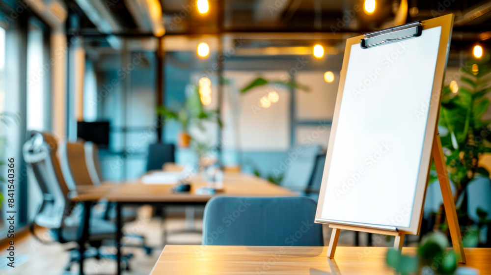Poster a modern office space with a blank clipboard in the foreground, warm lights, and a comfortable setti