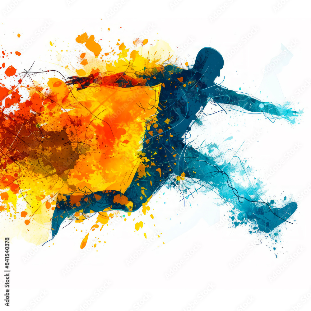 Poster silhouette of a runner with splashes of blue and orange paint, depicting motion and energy on a whit