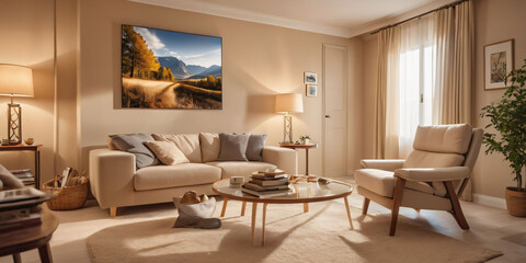 Fototapeta premium A calming beige living room with a peaceful landscape painting and a comfortable reading chair.