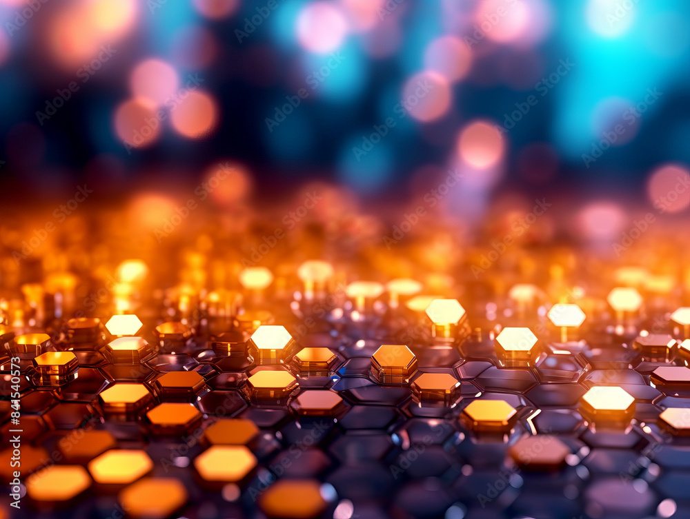 Poster An array of hexagonal shapes in gold and black creating a pattern on a bokeh background, symbolizing a concept of connectivity. Generative AI