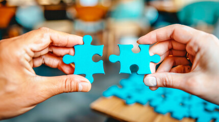 Two hands holding blue puzzle pieces about to connect, against a blurred background, concept of solution and teamwork. Generative AI