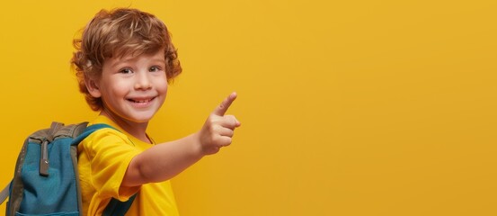 A little boy smile points with his finger to the side on yellow background