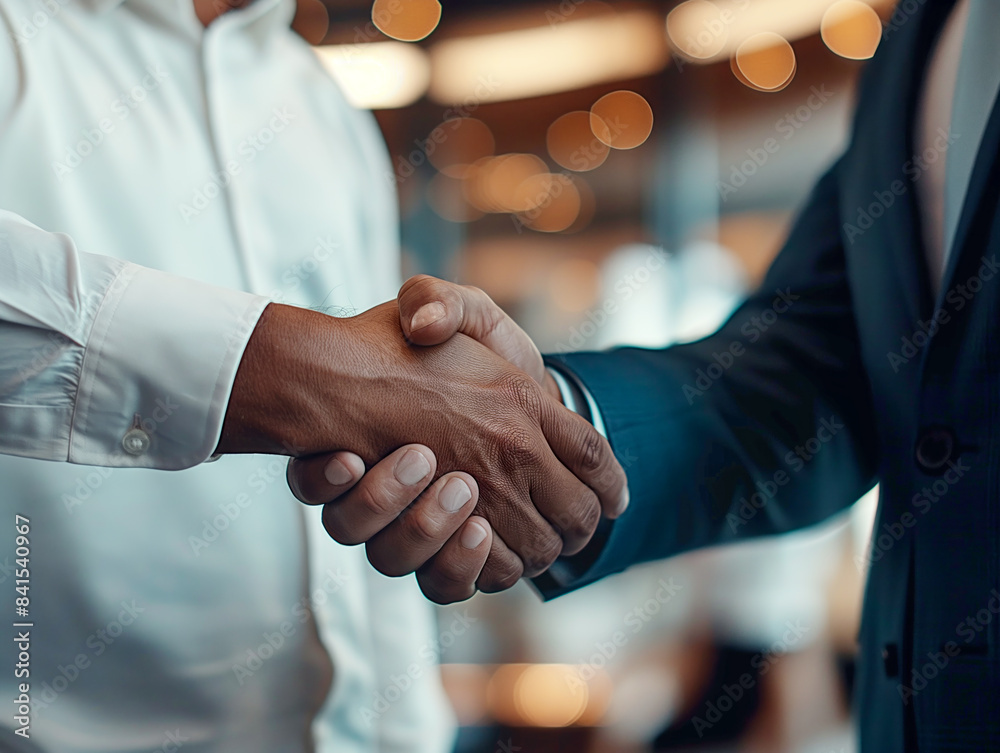 Poster two individuals in professional attire engaging in a handshake, with a blurred bokeh background, ill