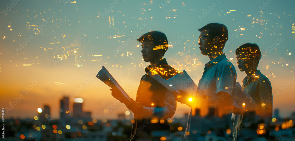 Poster multiple silhouettes of a person with digital effects on a city background, depicting the concept of