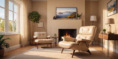 A calming beige living room with a peaceful landscape painting and a comfortable reading chair.