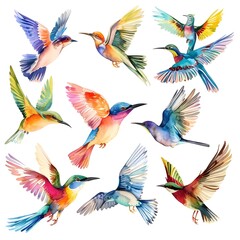 Obraz premium Stunning Watercolor of Vibrant Hummingbirds Soaring in Flight on White Background