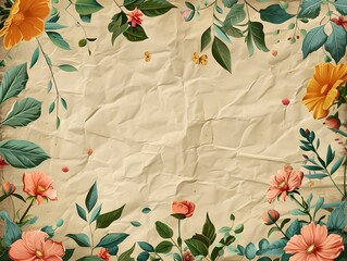 Whimsical Floral Frame on Rustic Kraft Paper Background with Playful Vines and Blooms