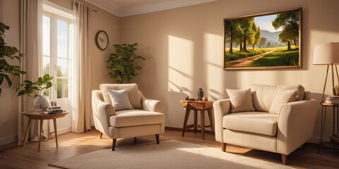 A calming beige living room with a peaceful landscape painting and a comfortable reading chair.