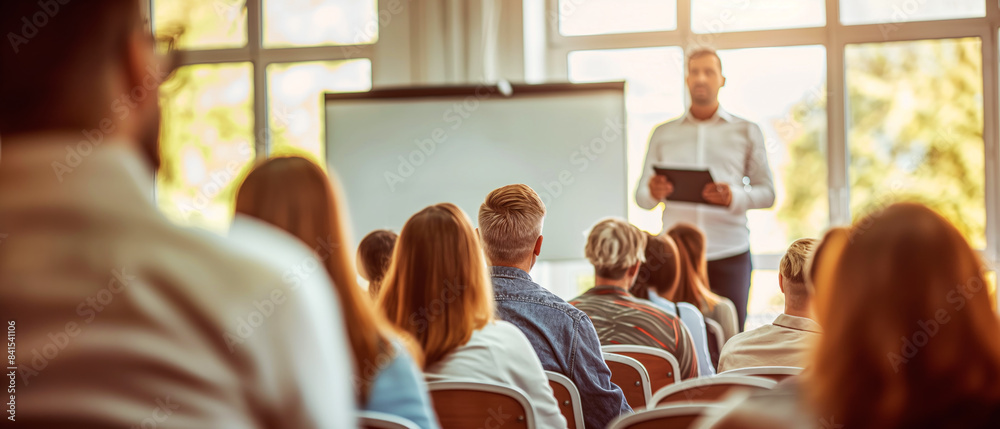 Poster a speaker presenting to an audience in a bright room, focus on learning or corporate training, with 