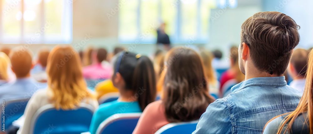 Poster a group of people attending a lecture, back view, in a bright room, concept of education and learnin