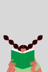 White girl, woman, young adult with braids reading something scary, surprising. Book lover, book worm, reader. Following a interesting, story. Colorful vector illustration, fun character design. Green