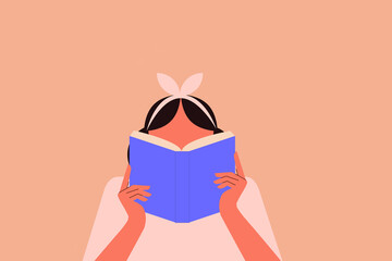 White woman reading a book. Learning, gaining knowledge, progressing and expanding horizons. Avid reader, hobbyist. Vector illustration, pink background, horizontal layout