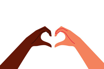Two hands, brown, dark-skinned and white about to create a heart shape. Diversity, no place for racism. Concept illustration on understanding and mutual love, empowerment. White, isolated background