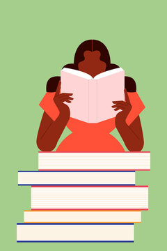 Black woman reading a book. Shaping the future through reading, education. Improving lives, developing skills moving forward with the career. Colorful vector illustration on green background. 