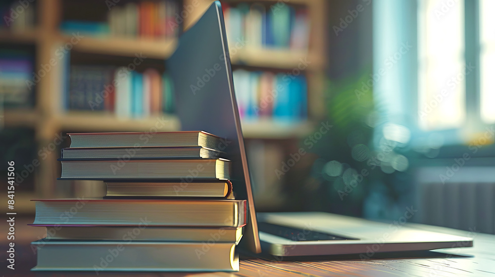 Poster stack of books beside a laptop, realistic style, blurred bookshelf background, concept of education.