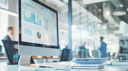 A modern office setting with a focus on a computer displaying graphs and a blurry person in the background, symbolizing analytics. Generative AI