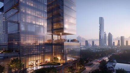 Fototapeta premium Create an image of a modern skyscraper with sleek glass windows reflecting the city skyline, showcasing contemporary architecture and urban development.