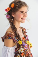Naklejka premium Girl with Long Braid Lying on White Background Generative AI