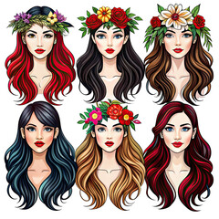 Obraz premium A digital illustration of six beautiful women with long flowing hair, each wearing a colorful flower crown. Generative AI