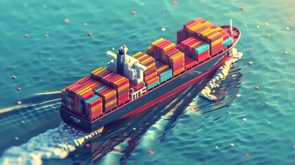 A large ship with the letters A and M on it is sailing through the ocean. The ship is carrying a large number of containers, and the water is choppy. Concept of adventure and excitement