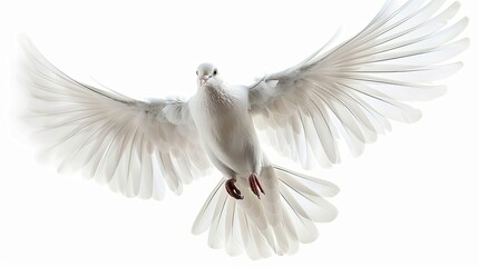 Obraz premium Majestic white dove taking flight against a pristine white backdrop, wings extended gracefully