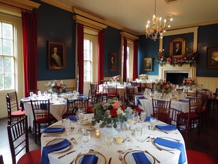 Fototapeta premium An elegant Independence Day banquet in a historic mansion with tables set with fine china