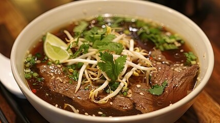 Satisfying bowl of pho soup, featuring beef, rice noodles, bean sprouts, fresh herbs, and a tangy lime twist