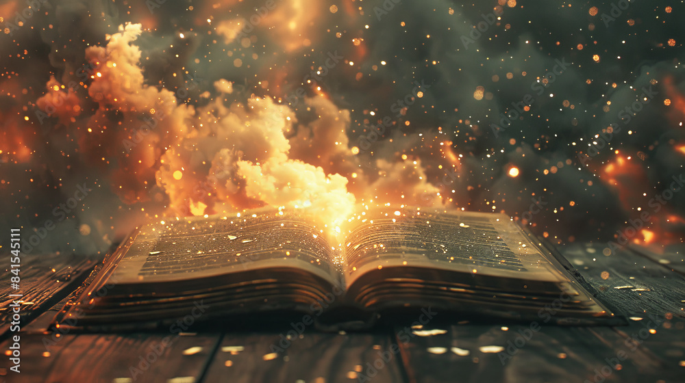 Poster an open book with glowing pages on a wooden surface, with a magical orange and cloud-filled backgrou