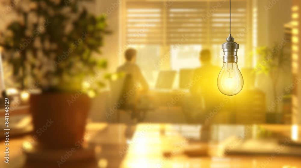 Aufkleber a lightbulb glows vibrantly in the foreground with silhouettes of people working in a sunny office b