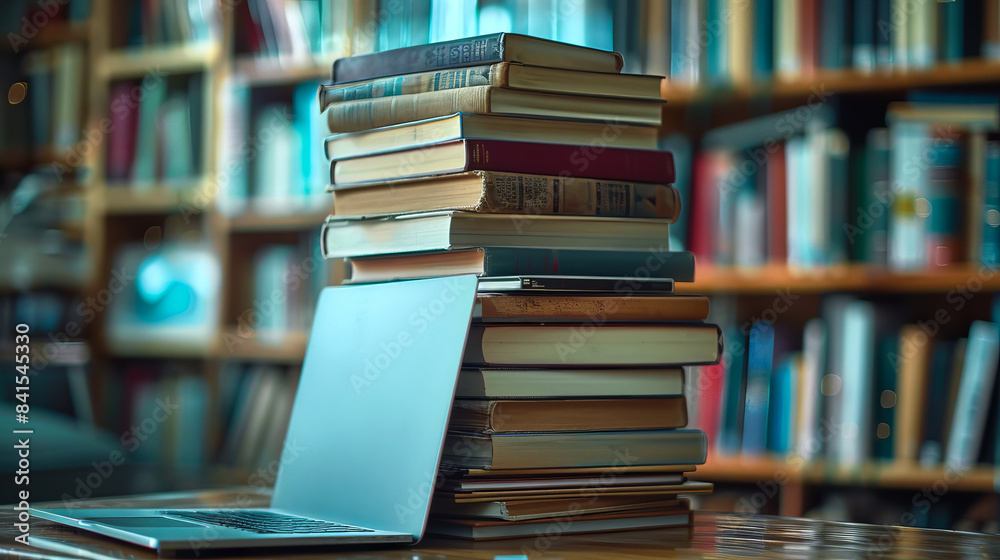 Poster pile of various books next to an open laptop, set against a blurred library background, evoking a co