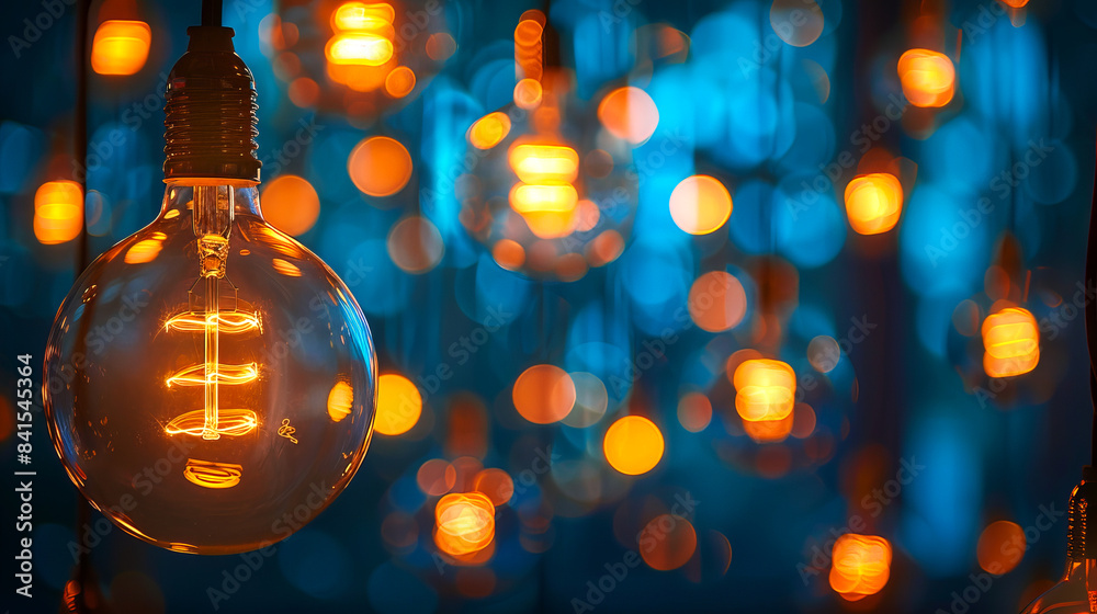 Poster Illuminated vintage-style bulb against a backdrop of bokeh lights, showcasing the concept of ideas and innovation. Generative AI