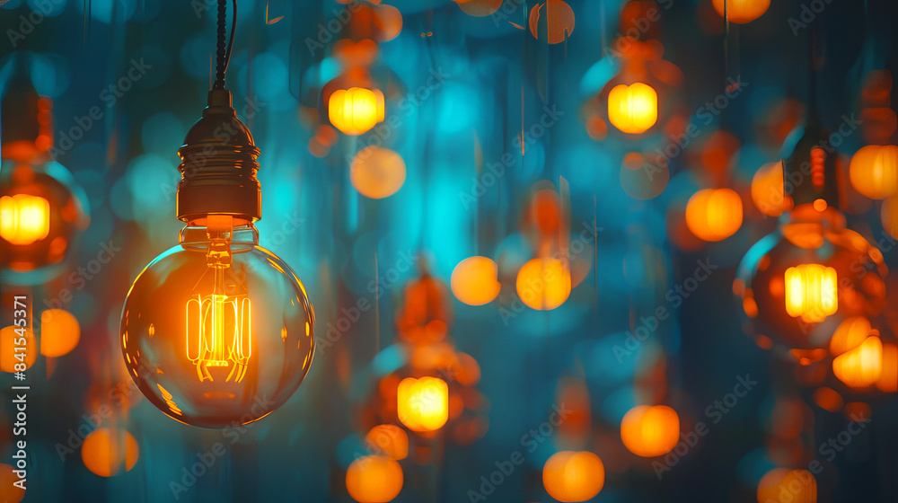 Poster illuminated light bulbs with a glowing filament against a blue bokeh background, illustrating the co