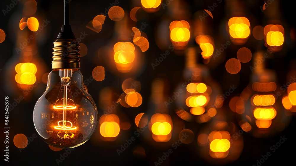 Poster An illuminated incandescent bulb with a warm glow on a blurred background with bokeh lights, embodying the concept of ideas and creativity. Generative AI