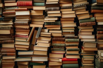 Fototapeta premium Textured background of assorted vintage books stacked chaotically