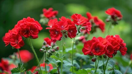 Red geraniums blooming in a garden during the summer