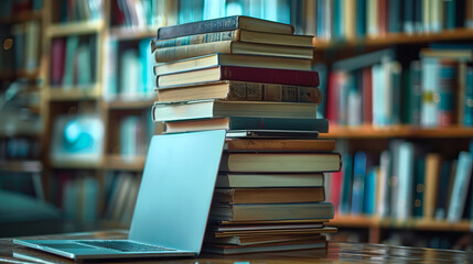 Pile of various books next to an open laptop, set against a blurred library background, evoking a concept of research and study. Generative AI
