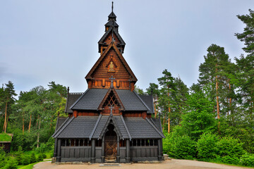 Naklejka premium Norway Oslo Stavkirkha on a cloudy summer day