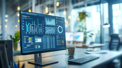 An office workspace with a monitor displaying complex data analytics, set against a modern office background, illustrating the concept of business analysis. Generative AI