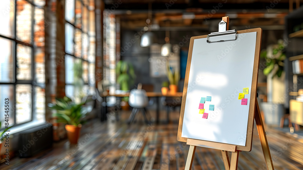 Poster An office space with a flip chart and sticky notes, in a modern loft style, featuring large windows and wooden floor, a concept of a creative workplace. Generative AI