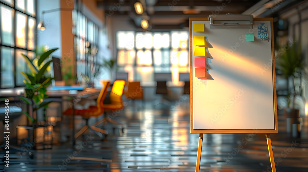 Poster a modern office interior at sunset with an easel displaying notes, against a blurred background, con