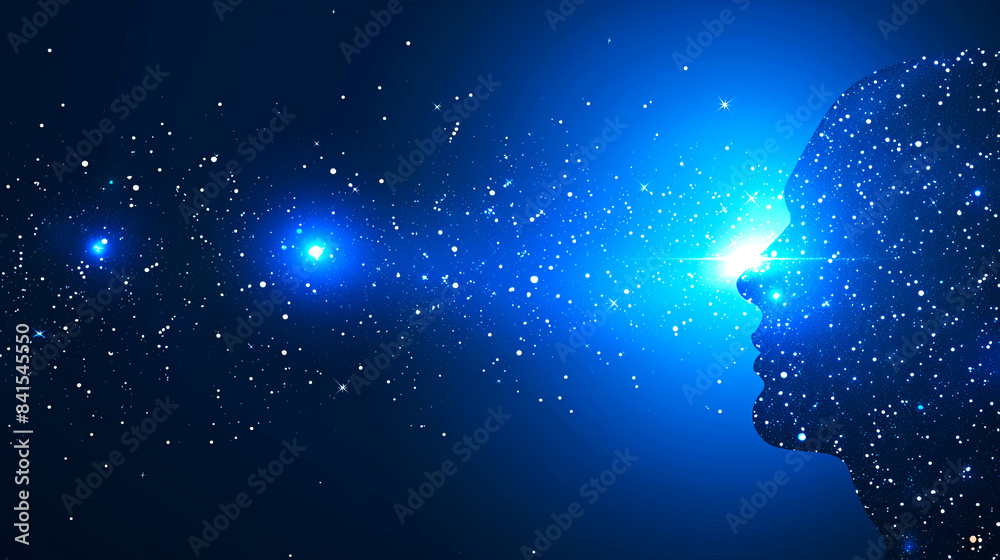 Poster silhouette of a human head with a cosmic star-filled background, representing the concept of the uni