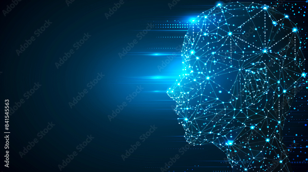 Poster digital human head made of glowing lines and dots on a dark blue background, symbolizing technology 