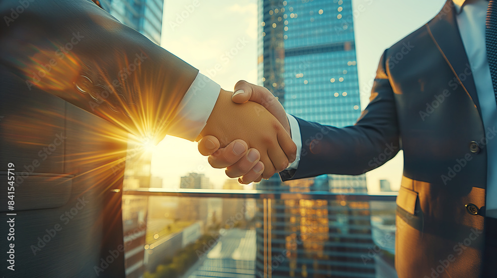 Poster two individuals shaking hands with a cityscape and setting sun in the background, symbolizing a busi