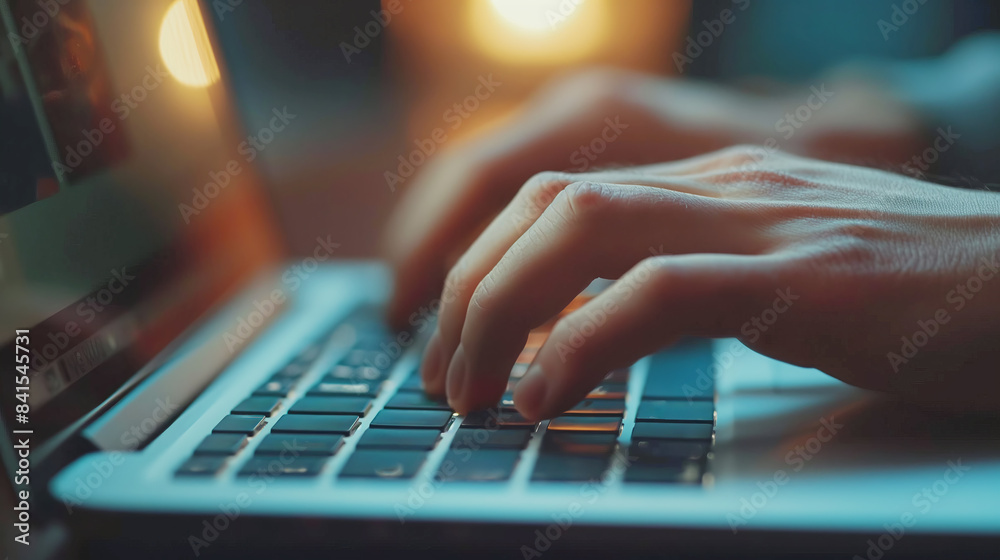 Poster close-up shot of hands typing on a laptop keyboard with a blurred warm light background, concept of 