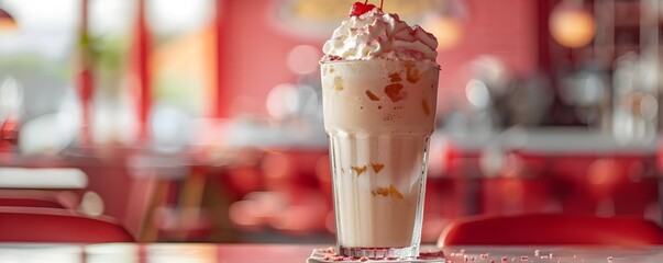 Fototapeta premium Refreshing Ice Cream Float with Whipped Cream and Cherry in Retro Diner Setting