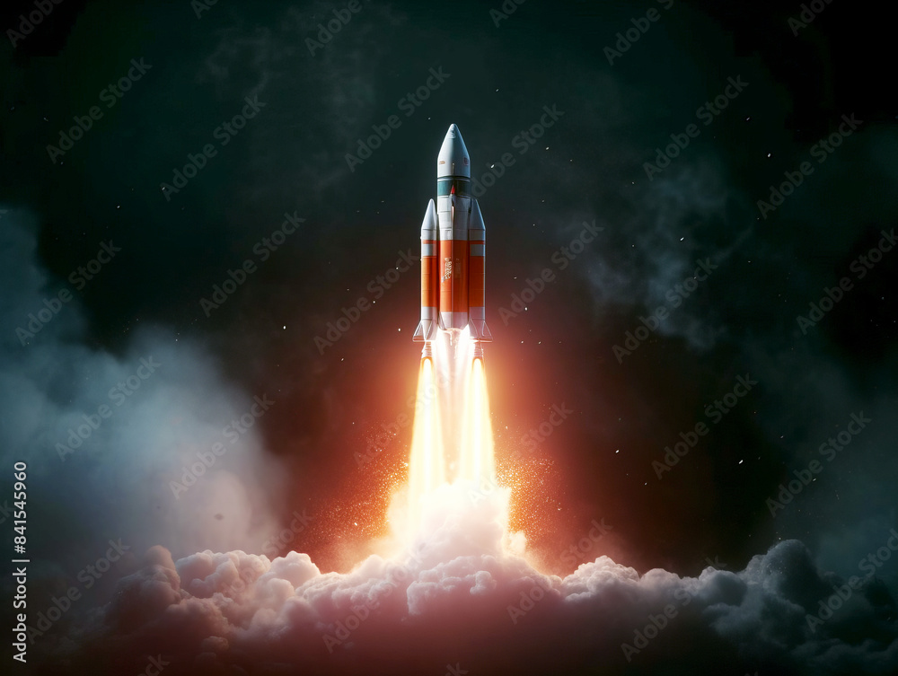 Aufkleber A rocket launch creating fiery trails against a cloudy night sky, symbolizing innovation and exploration. Generative AI