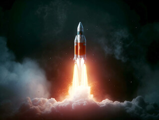 A rocket launch creating fiery trails against a cloudy night sky, symbolizing innovation and exploration. Generative AI