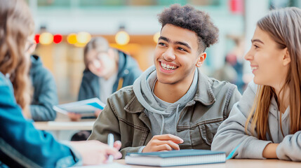 Smiling young man with friends at a bright indoor setting, representing the concept of friendship and education. Generative AI