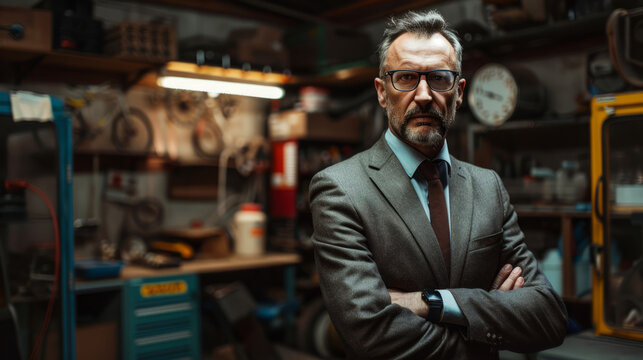 Portrait of a confident businessman in a garage workspace