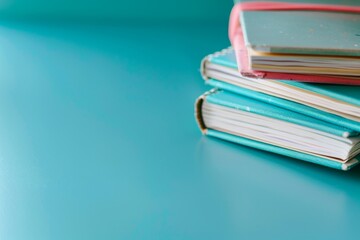 A stack of books arranged neatly on a blue table top